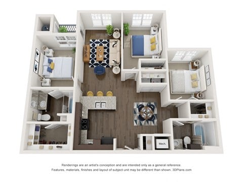 Floor plan for 3 beds, 2 baths, 1132 sqft